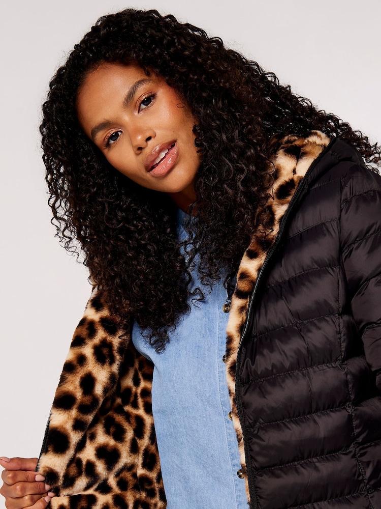 Apricot Black & Brown Leopard Reversable Puffer Coat - Image 5 of 5