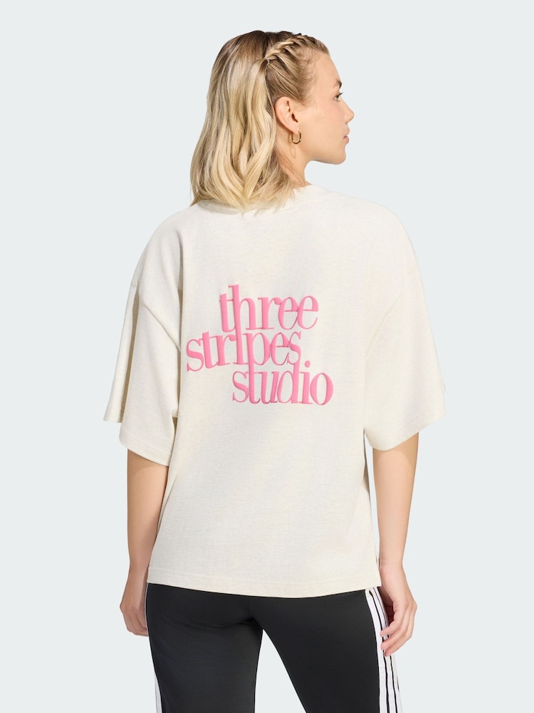 adidas Cream 3-Stripes Studio T-Shirt - Image 2 of 5