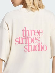 adidas Cream 3-Stripes Studio T-Shirt - Image 4 of 5