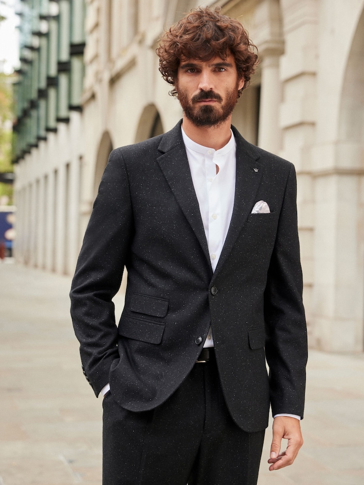 Black Slim Fit Nova Fides Italian Fabric Textured Suit Jacket - Image 1 of 13
