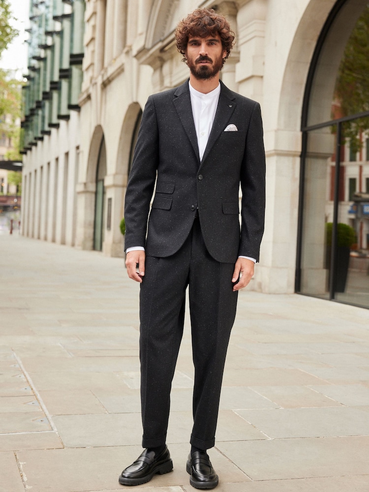 Black Slim Fit Nova Fides Italian Fabric Textured Suit Jacket - Image 2 of 13