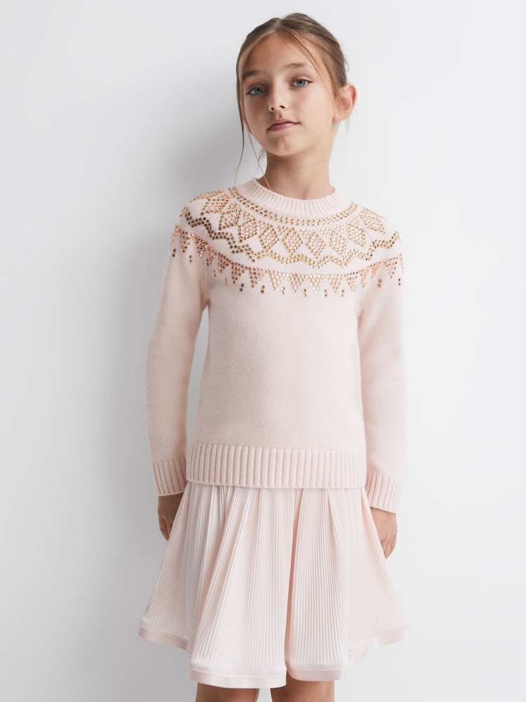 Reiss Soft Pink Bella Junior Wool Blend Embellished Crew Neck Jumper - Image 1 of 6