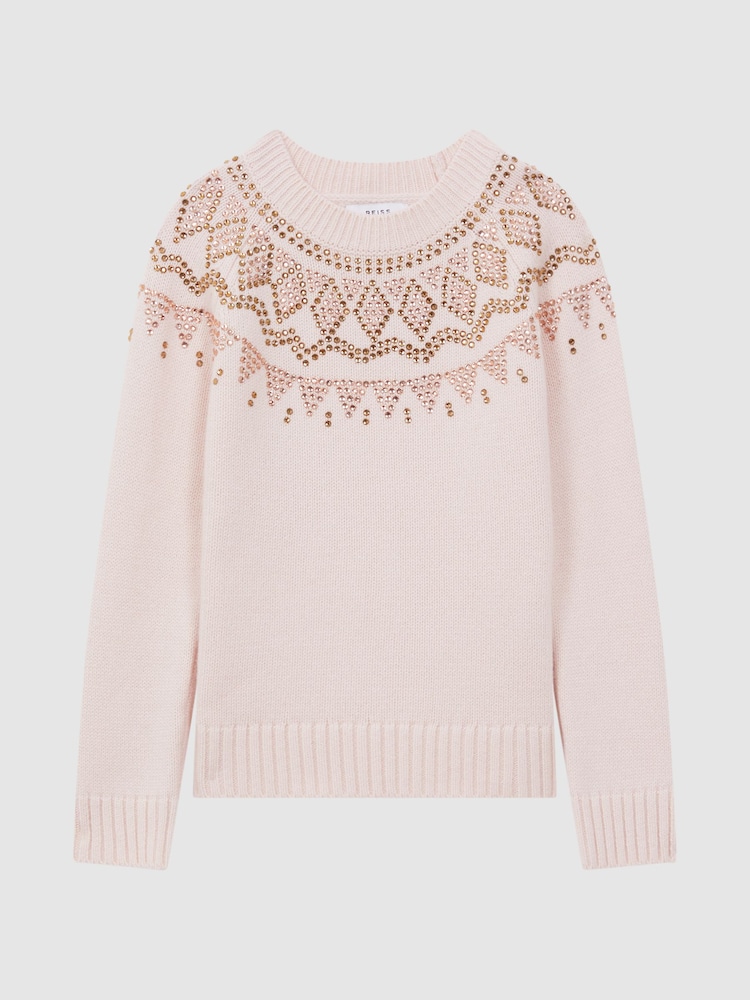 Reiss Soft Pink Bella Junior Wool Blend Embellished Crew Neck Jumper - Image 2 of 6