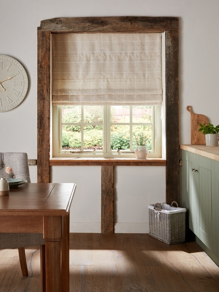 Natural Ready Made Windowpane Check Lined Roman Blind - Image 1 of 6