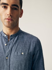 Blue Grandad Collar Linen Blend Long Sleeve Shirt - Image 1 of 6