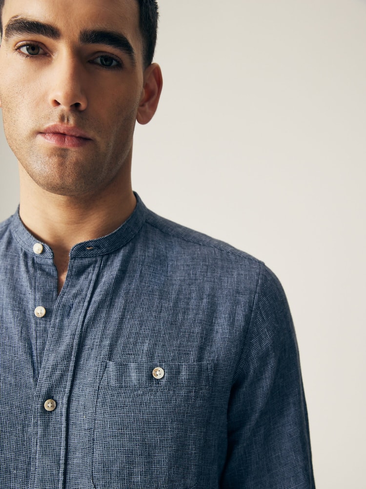 Blue Grandad Collar Linen Blend Long Sleeve Shirt - Image 1 of 6