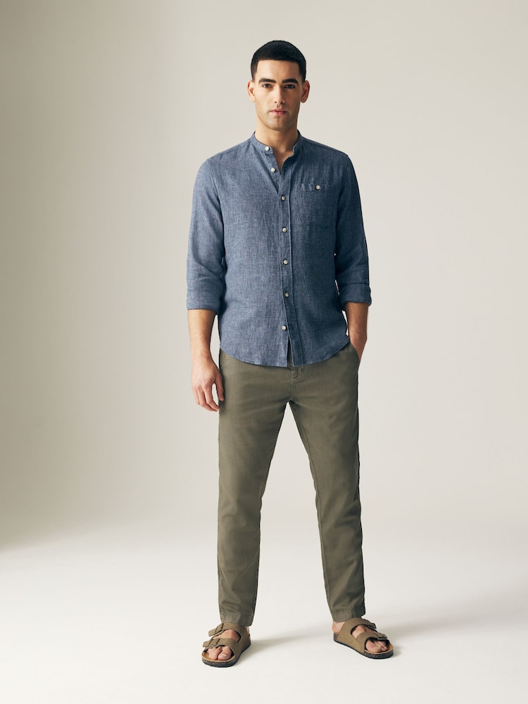Blue Grandad Collar Linen Blend Long Sleeve Shirt - Image 2 of 6