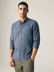 Blue Grandad Collar Linen Blend Long Sleeve Shirt - Image 3 of 6