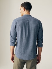 Blue Grandad Collar Linen Blend Long Sleeve Shirt - Image 4 of 6