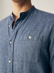 Blue Grandad Collar Linen Blend Long Sleeve Shirt - Image 5 of 6