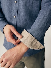 Blue Grandad Collar Linen Blend Long Sleeve Shirt - Image 6 of 6