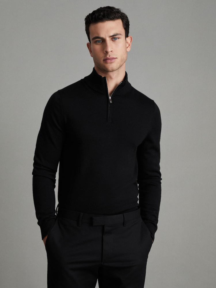 Reiss Black Blackhall Merino Wool Half-Zip Funnel Neck Jumper - Image 1 of 7