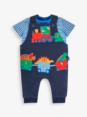 JoJo Maman Bébé Navy 2-Piece Dino Train Appliqué Dungarees & Top Set - Image 1 of 5