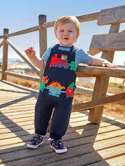 JoJo Maman Bébé Navy 2-Piece Dino Train Appliqué Dungarees & Top Set - Image 4 of 5