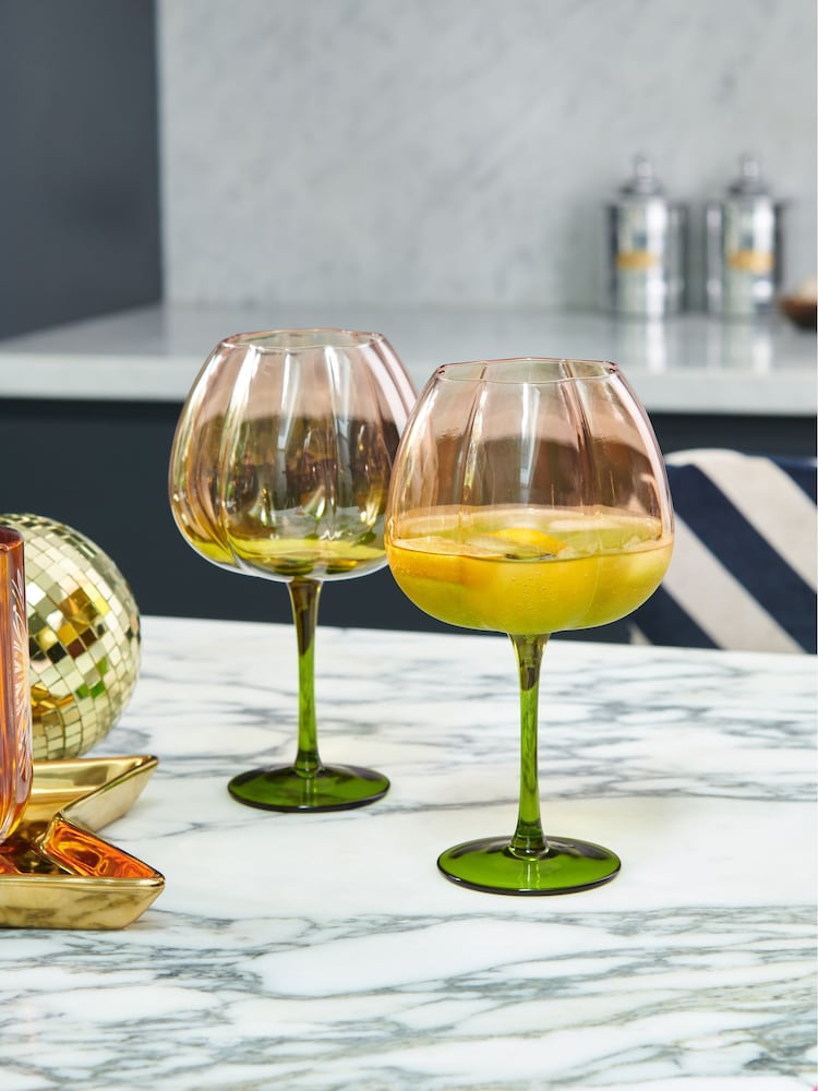 Rockett St George Green/Blush Pink Deco Flower Glass Set of 2 Gin Glasses - Image 1 of 2