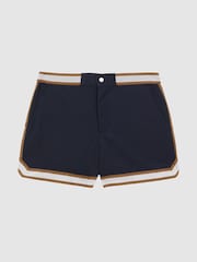 Reiss Navy/Tobacco Baller Reiss | Ché Elasticated Waist Contrast Swim Shorts - Image 2 of 6