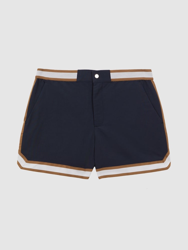 Reiss Navy/Tobacco Baller Reiss | Ché Elasticated Waist Contrast Swim Shorts - Image 2 of 6
