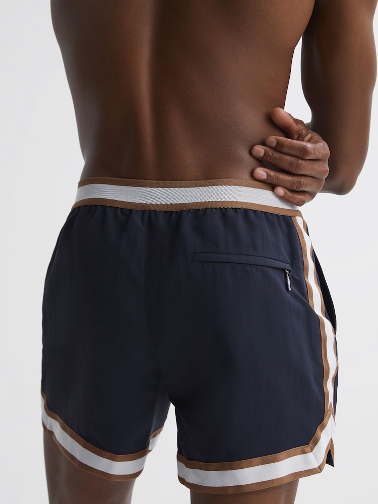 Reiss Navy/Tobacco Baller Reiss | Ché Elasticated Waist Contrast Swim Shorts - Image 6 of 6