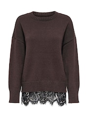 ONLY Brown Lace Mix Round Neck Pullover Jumper - Image 6 of 6