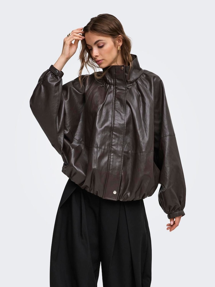 ONLY Brown Faux Leather Balloon Jacket - Image 1 of 7 ONLY Brown Faux Leather Balloon Jacket - Image 1 of 7