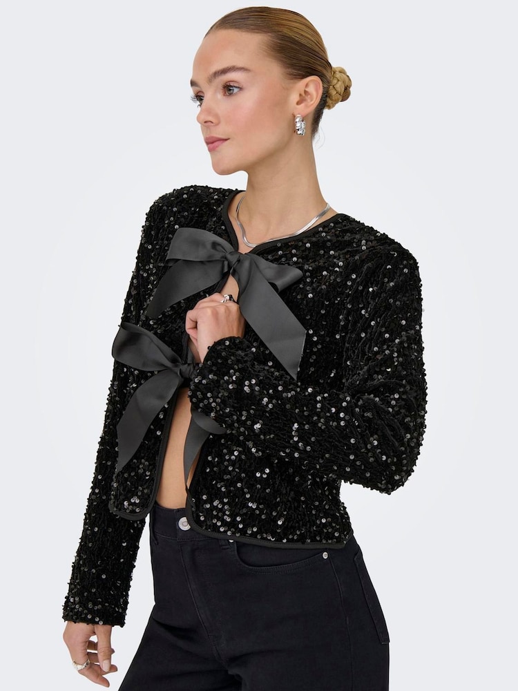 Черный - ONLY Sequin Bow Long Sleeve Reversible Top - Изображение 1 6