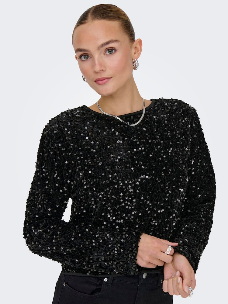 Черный - ONLY Sequin Bow Long Sleeve Reversible Top - Изображение 2 6