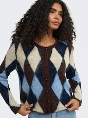 ONLY Brown Argyle Button Front Round Neck Cardigan - Image 1 of 6