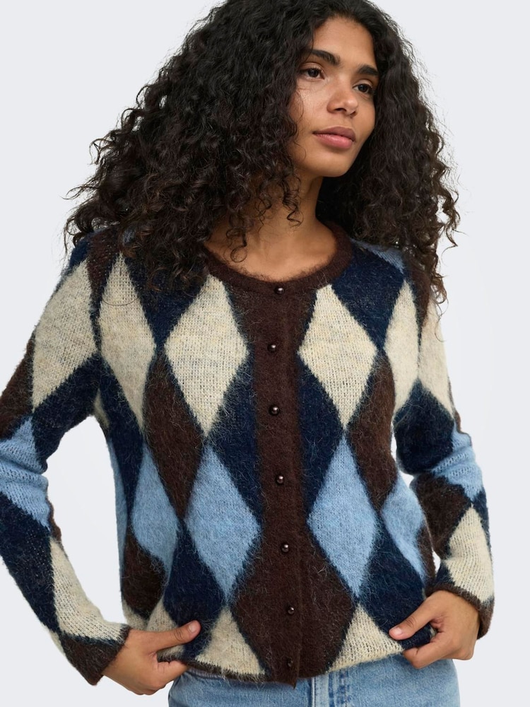 ONLY Brown Argyle Button Front Round Neck Cardigan - Image 1 of 6 ONLY Brown Argyle Button Front Round Neck Cardigan - Image 1 of 6