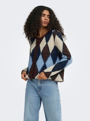 ONLY Brown Argyle Button Front Round Neck Cardigan - Image 3 of 6