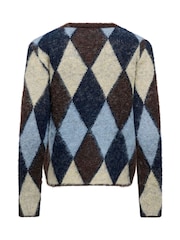 ONLY Brown Argyle Button Front Round Neck Cardigan - Image 6 of 6