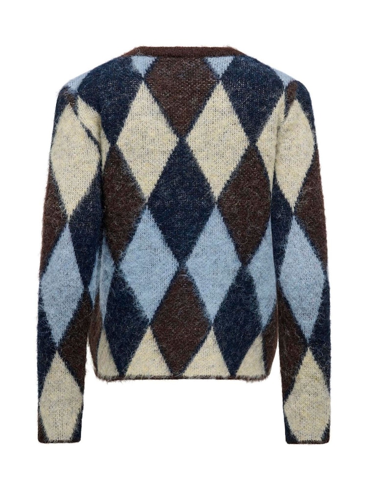 ONLY Brown Argyle Button Front Round Neck Cardigan - Image 6 of 6 ONLY Brown Argyle Button Front Round Neck Cardigan - Image 6 of 6