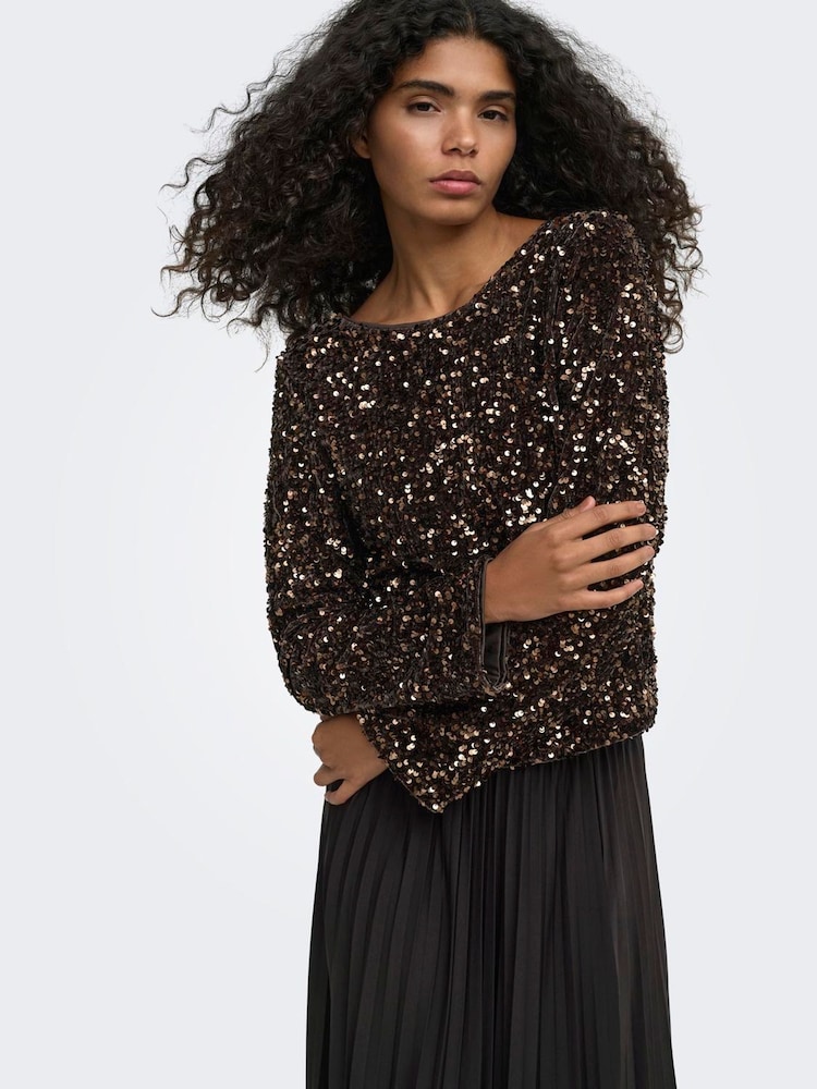 ONLY Brown Sequin Bow Open Back Top - Image 1 of 6 ONLY Brown Sequin Bow Open Back Top - Image 1 of 6