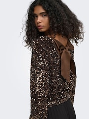 ONLY Brown Sequin Bow Open Back Top - Image 2 of 6