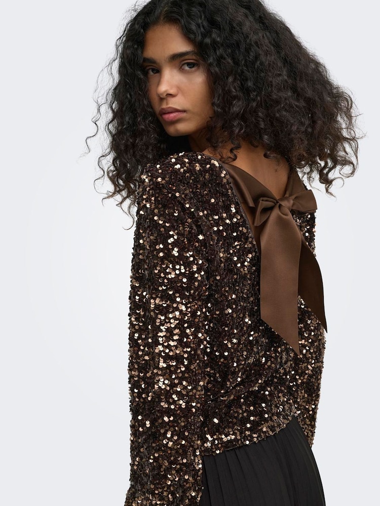 ONLY Brown Sequin Bow Open Back Top - Image 2 of 6 ONLY Brown Sequin Bow Open Back Top - Image 2 of 6