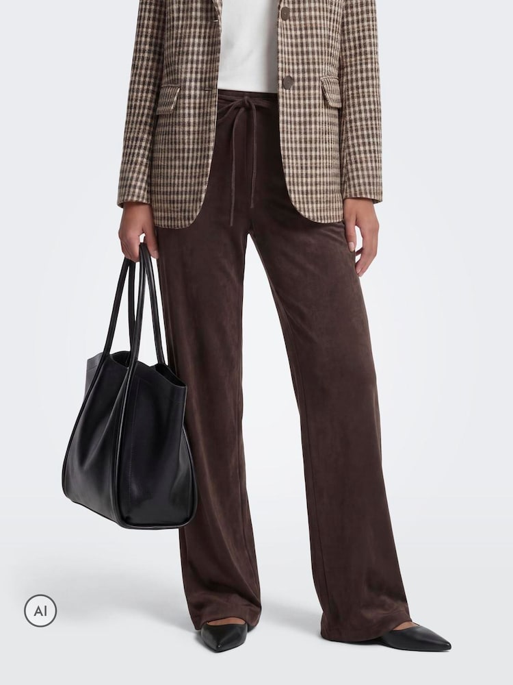 ONLY Brown Faux Suede Straight Leg Trousers - Image 1 of 7 ONLY Brown Faux Suede Straight Leg Trousers - Image 1 of 7