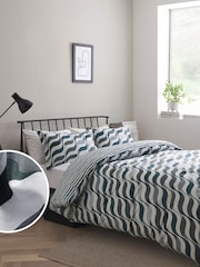 Blue Geometric Wave 100% Cotton Reversible Duvet Cover and Pillowcase Set - Image 1 of 4