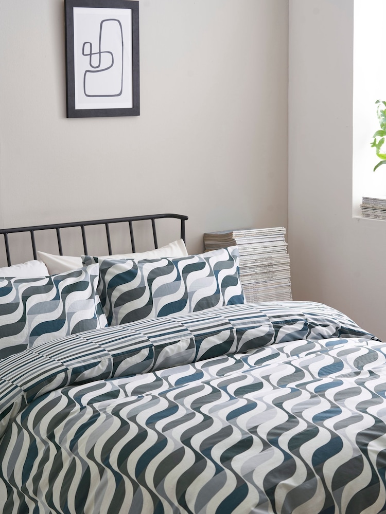 Blue Geometric Wave 100% Cotton Reversible Duvet Cover and Pillowcase Set - Image 2 of 4