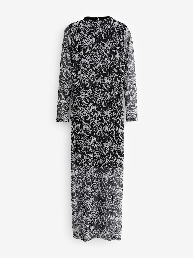 Black & White Long Sleeve Mesh Midi Dress - Image 2 of 6