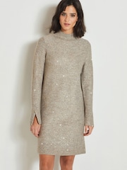 Neutral Sequin High Neck Split Cuff Jumper Dress - Image 1 of 4