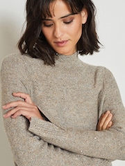 Neutral Sequin High Neck Split Cuff Jumper Dress - Image 4 of 4