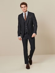 Navy Blue Textured Wool Suit: Waistcoat - Image 2 of 10