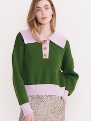 Olivia Rubin Green Rosie Half Button Knitted Jumper with Oversized Ribbed Collar - Image 1 of 6