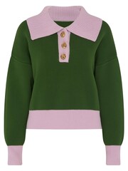 Olivia Rubin Green Rosie Half Button Knitted Jumper with Oversized Ribbed Collar - Image 6 of 6