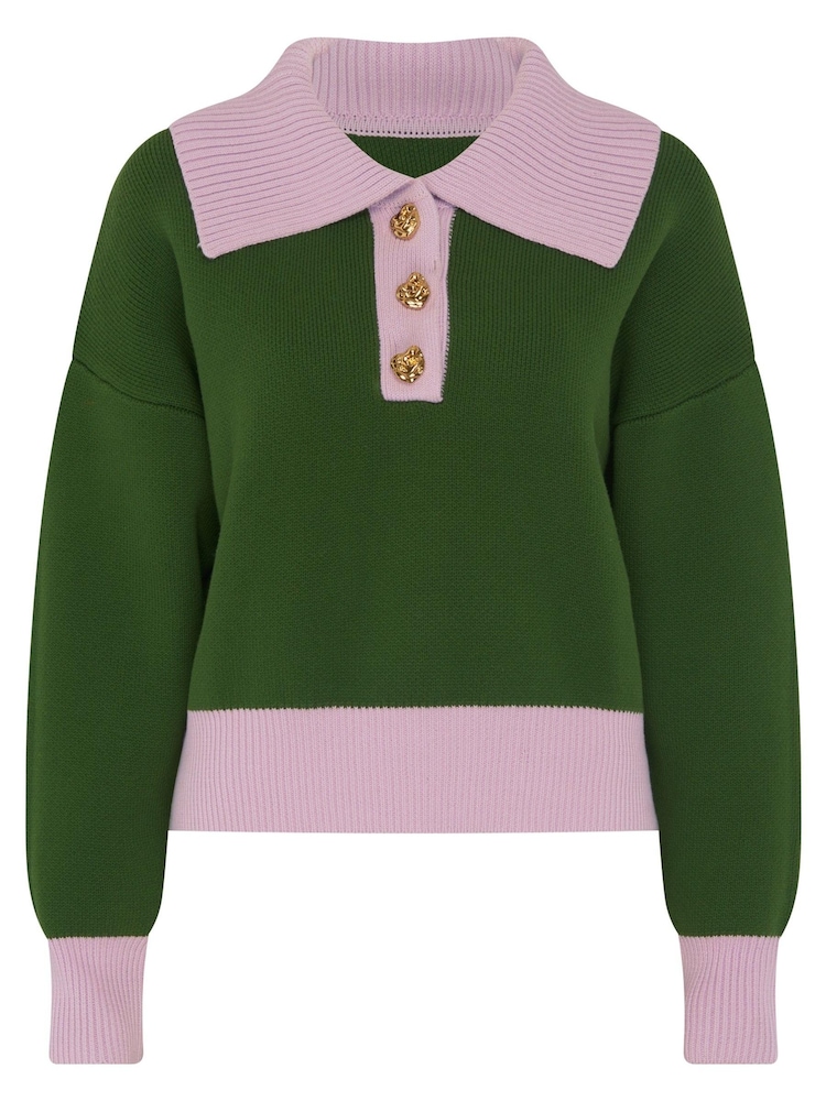 Olivia Rubin Green Rosie Half Button Knitted Jumper with Oversized Ribbed Collar - Image 6 of 6