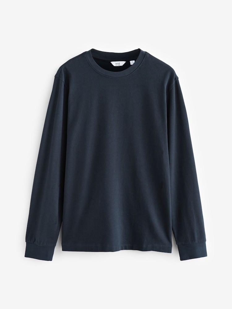 Navy Blue Regular Fit Long Sleeve Heavyweight 100% Cotton T-Shirt - Image 5 of 7