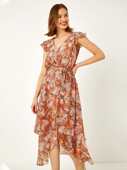 Roman Brown Snake Print Tiered Midi Dress - Image 1 of 5