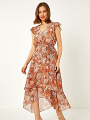 Roman Brown Snake Print Tiered Midi Dress - Image 3 of 5