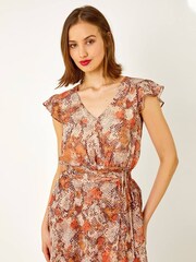 Roman Brown Snake Print Tiered Midi Dress - Image 4 of 5