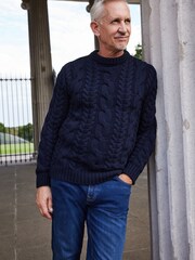 Navy Blue Regular Signature Italian Cashmere Cable Hi-Crew Neck Jumper - Image 1 of 6