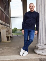 Navy Blue Regular Signature Italian Cashmere Cable Hi-Crew Neck Jumper - Image 2 of 6
